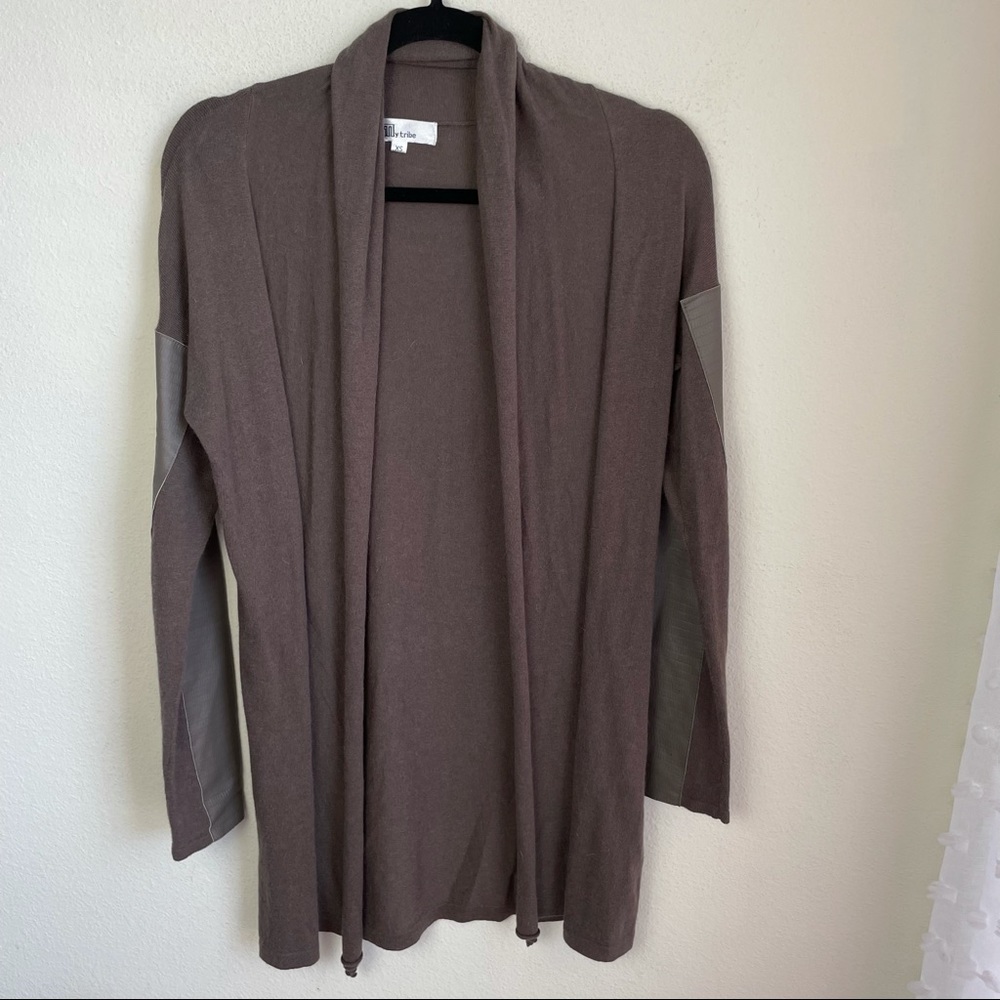 My Tribe Brown Cashmere Blend Cardigan with Leather Sleeve